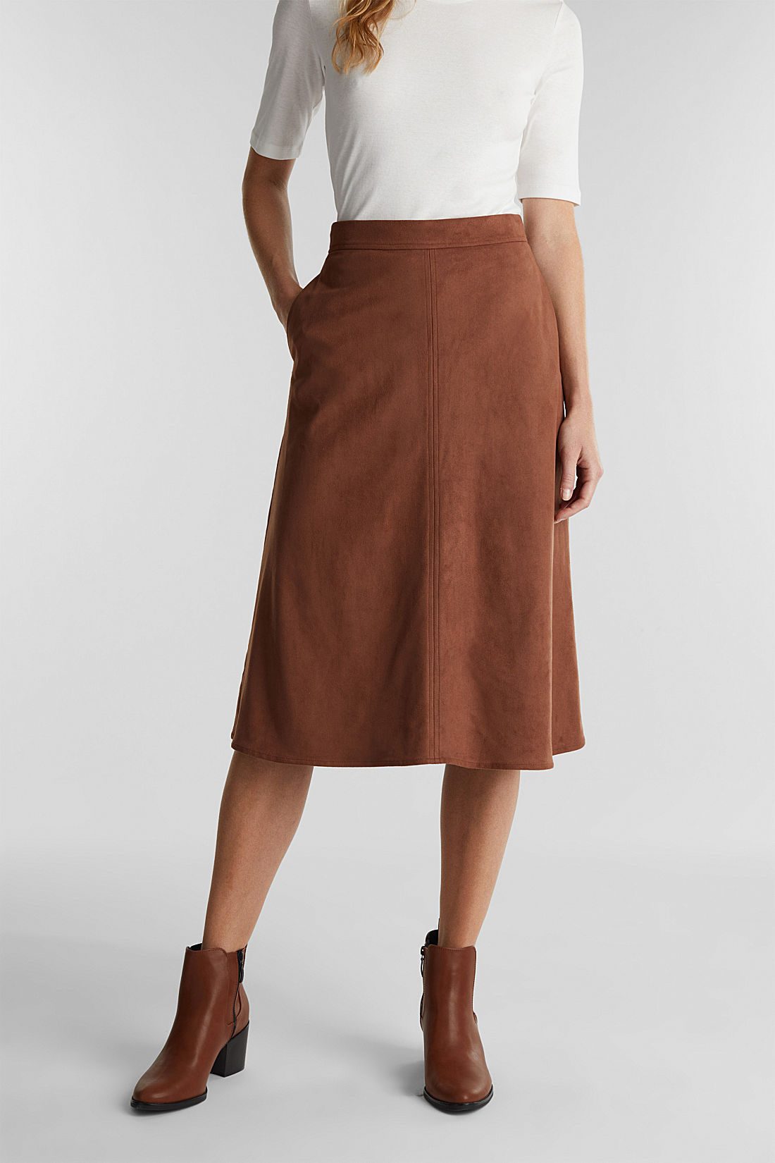 brown faux suede midi skirt