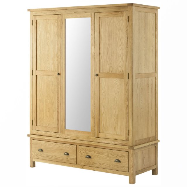 Oak triple wardrobe with 2 large doors, a central mirror and 2 drawers; brass cup handles on drawers