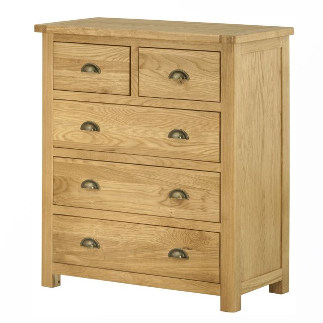 Oak chest of drawers with 2 small drawers over 3 larger.  Drawers with brass cup handles.