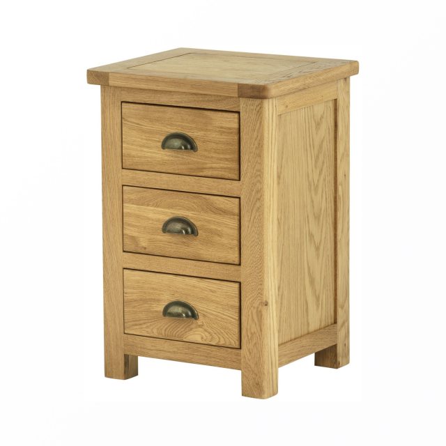 Oak 3 drawer bedside with clean lines and a contemporary look.  Drawers with brass cup handles.