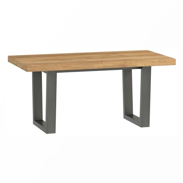 The Industrial Dining Range coffee table has a rustic oiled oak top with metal legs.