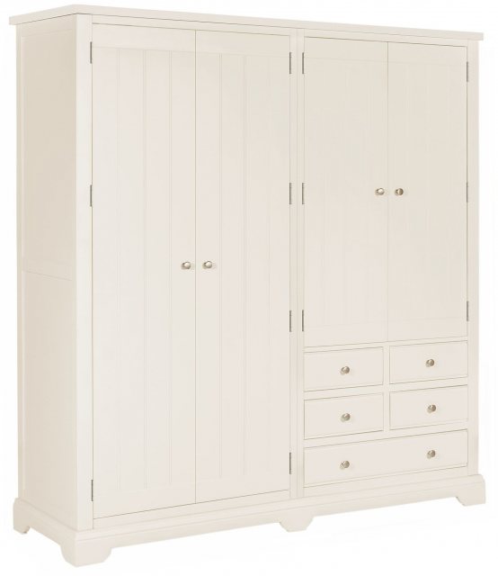 The spacious white painted 4 door wardrobe with 5 drawers.