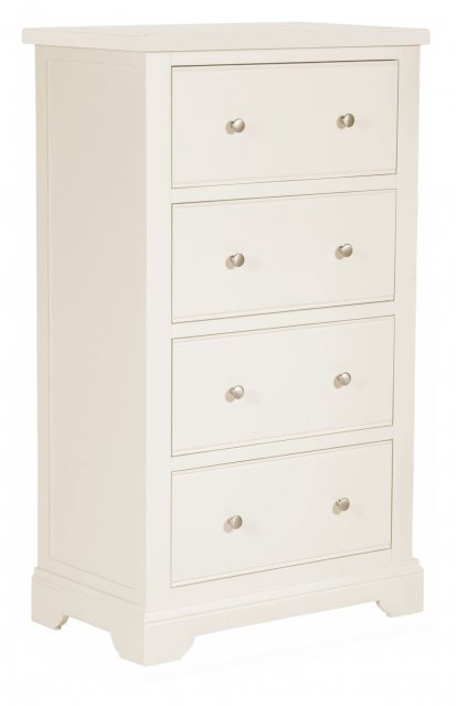 4 drawer tall chest softly painted in white with small silver round handles suits a range of decors