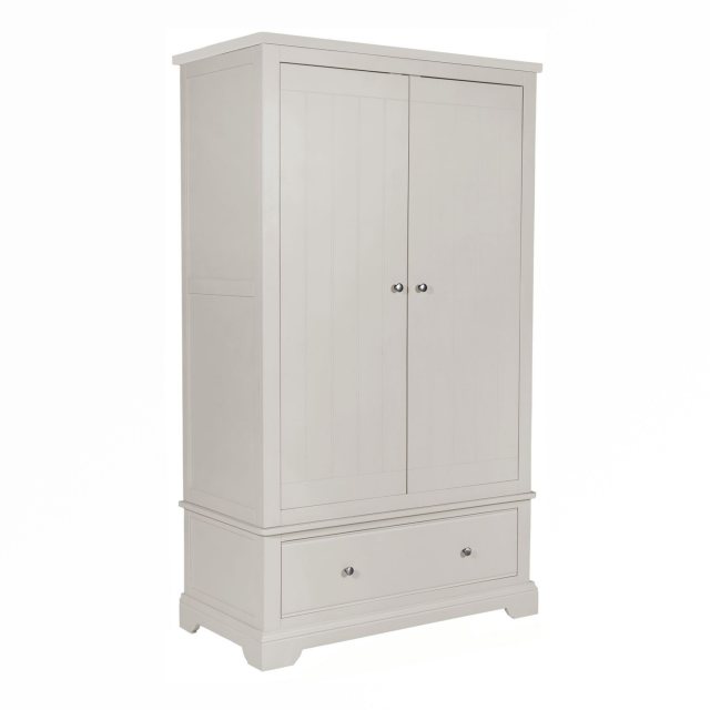 The elegant, clean lined simplicity of the grey painted Gents Wardrobe suits a wide range of decors